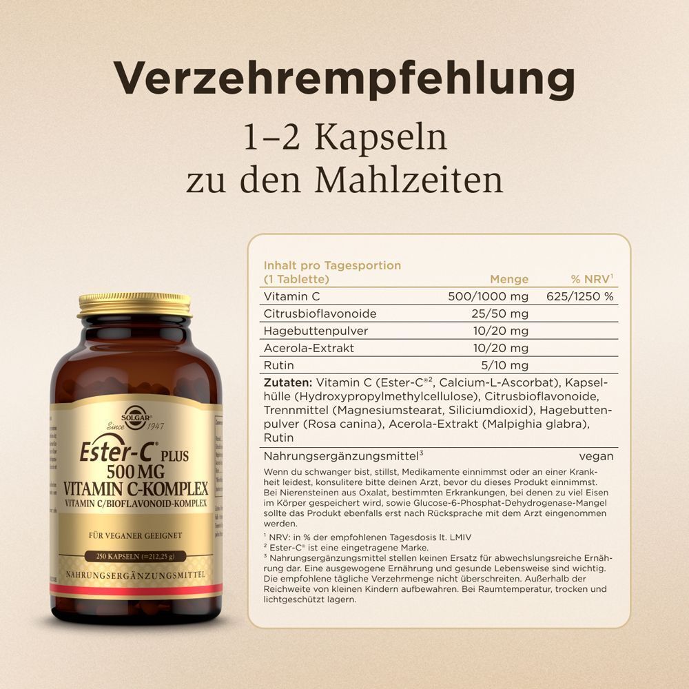 Solgar Ester-C Plus 500 mg: Flasche, Verzehrempfehlung 1-2 Kapseln, Nährwertangaben mit Vitamin C, Citrus-Bioflavonoide.