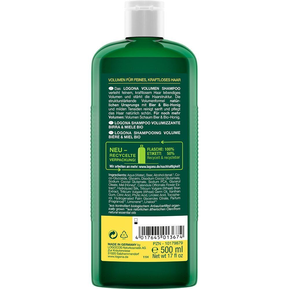 Rückseite einer grünen Flasche LOGONA Volumen Shampoo Bier & Bio-Honig mit Inhaltsstoffen und Recycling-Hinweis.