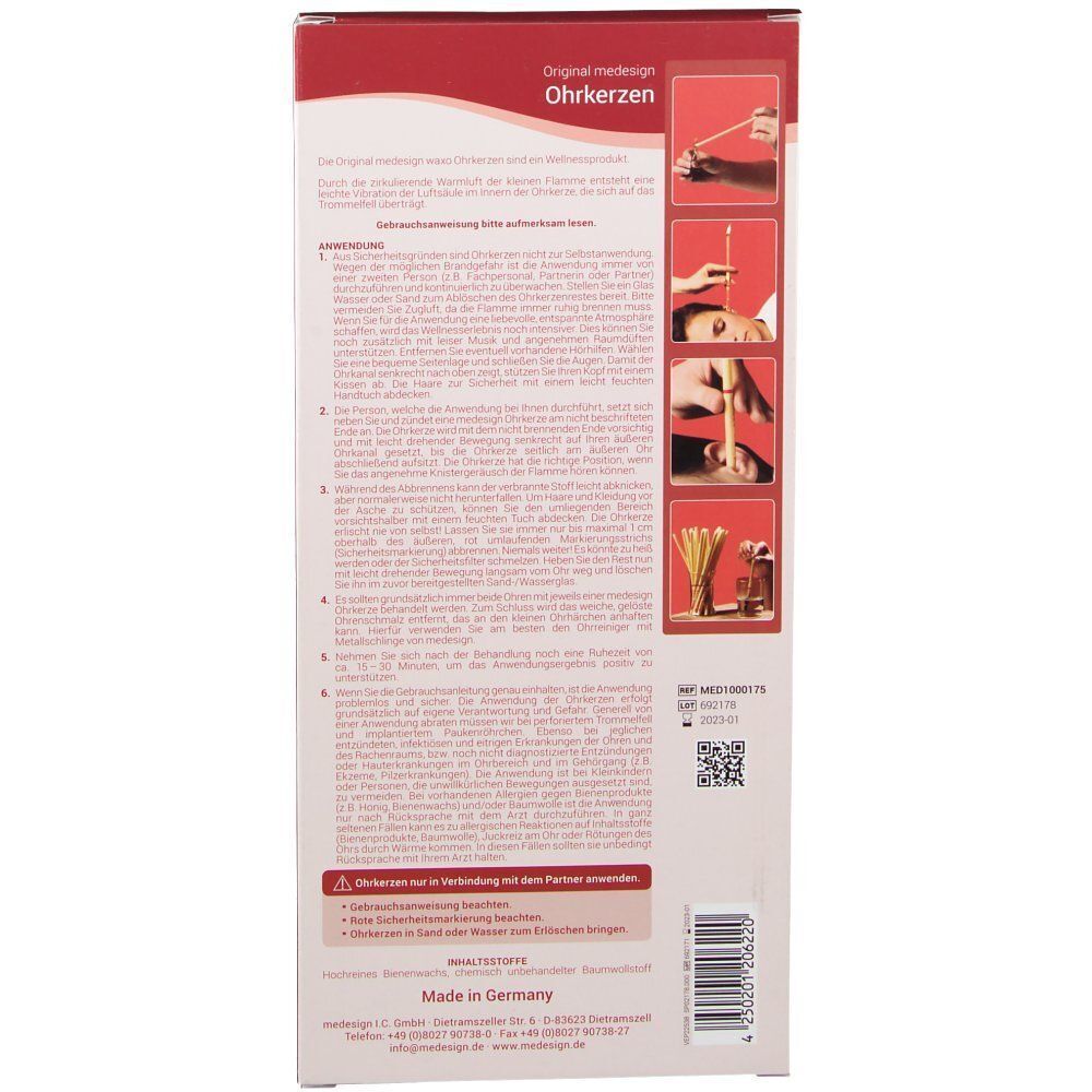 Rückseite einer Packung medesign Ohrkerzen mit Anwendungshinweisen und Produktinformationen.