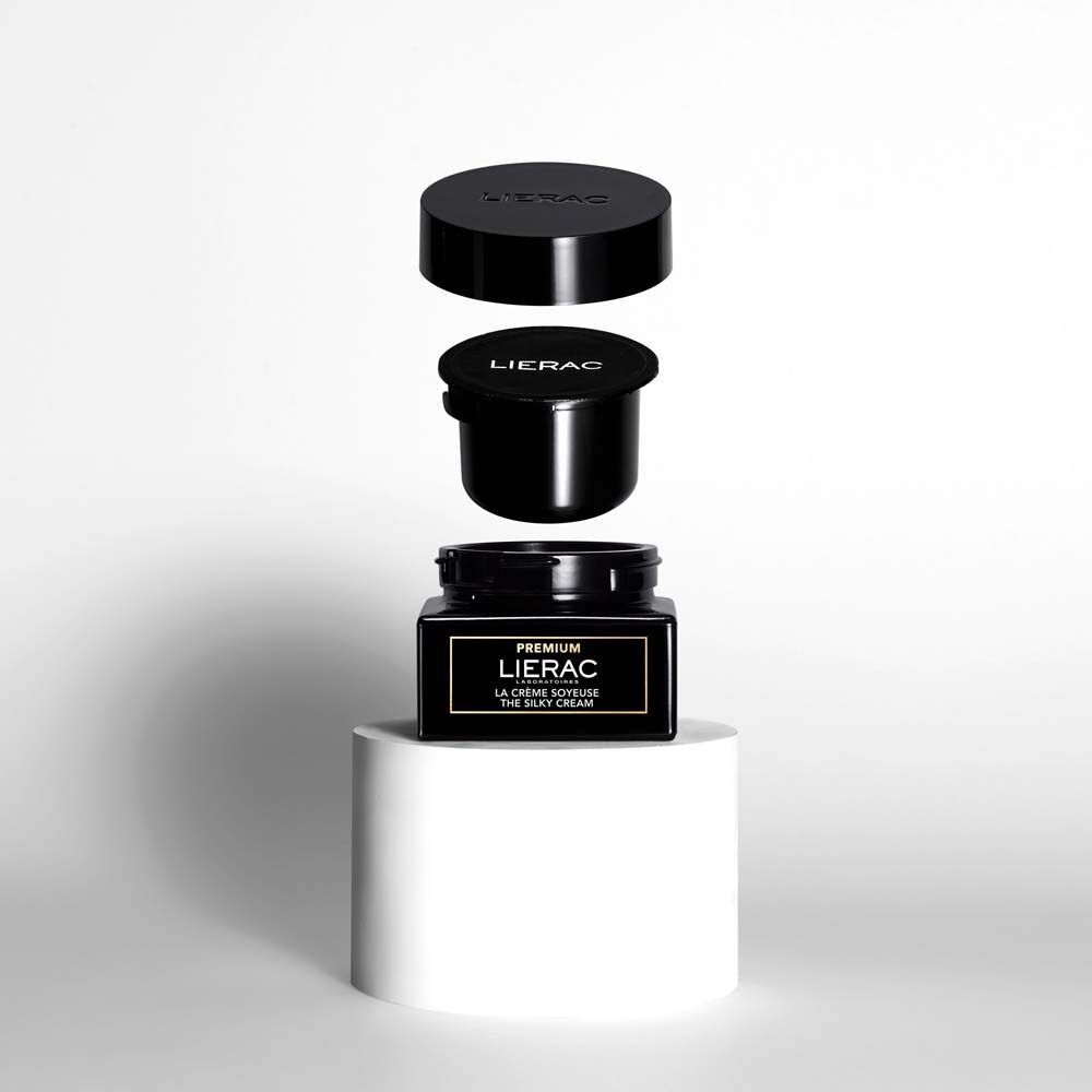 LIERAC Premium seidige Creme Nachfüllpackung, zerlegt: Deckel, Einsatz, Tiegel.