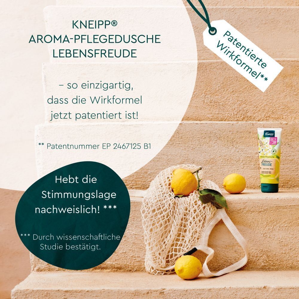 Kneipp® Aroma-Pflegedusche Lebensfreude mit Zitronen und Hinweis auf patentierte Wirkformel.