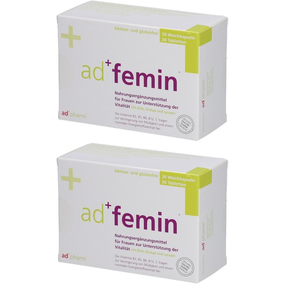 Zwei Packungen ad+femin Nahrungsergänzungsmittel für Frauen, 30 Weichkapseln pro Packung.