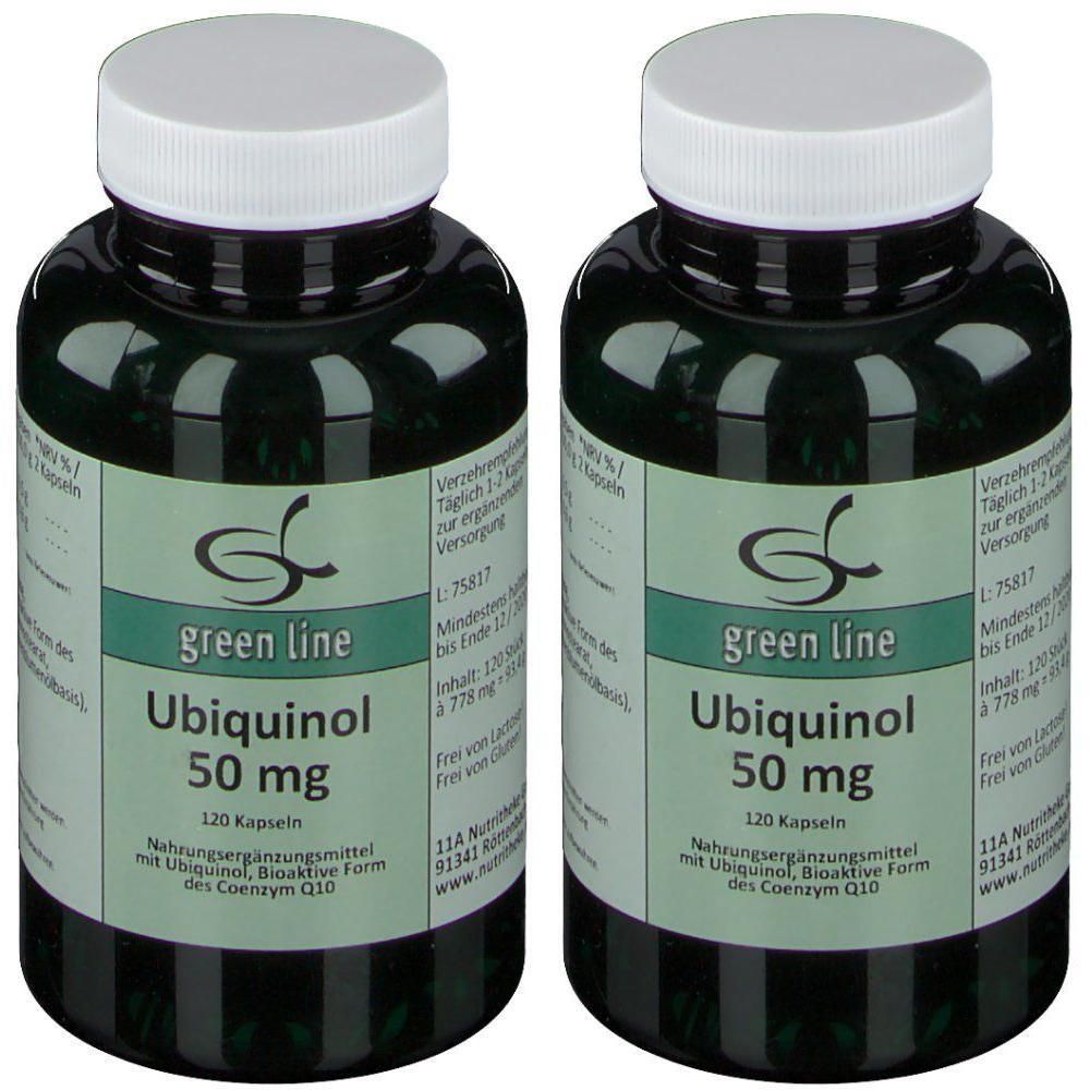 Zwei grüne Flaschen Ubiquinol 50 mg Kapseln von green line NUTRITHEKE.