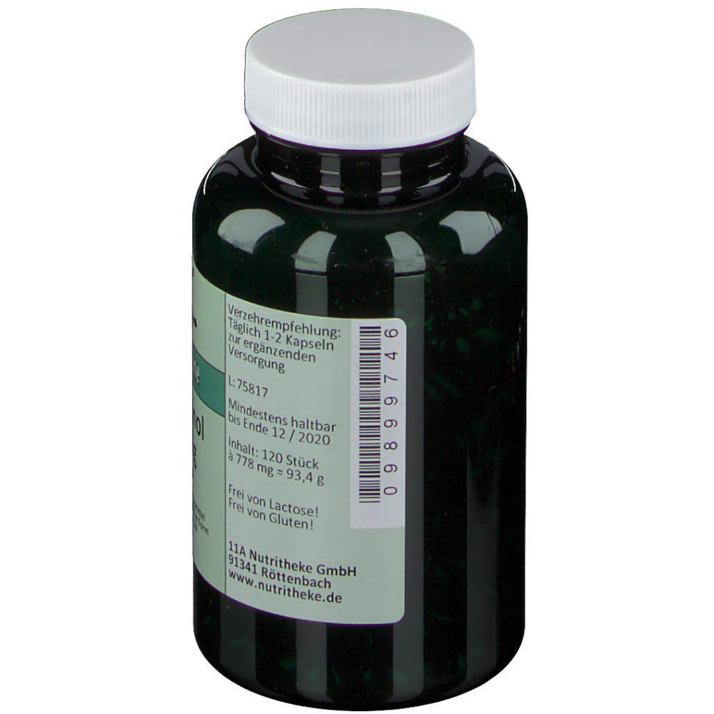 Rückansicht einer grünen Flasche Ubiquinol 50 mg Kapseln mit Etikett.