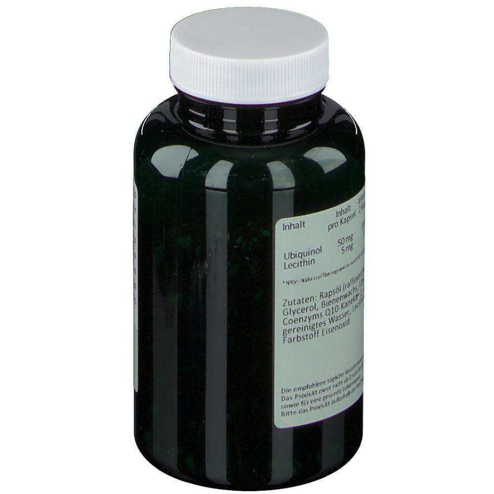 Seitenansicht einer grünen Flasche Ubiquinol 50 mg Kapseln mit Etikett.