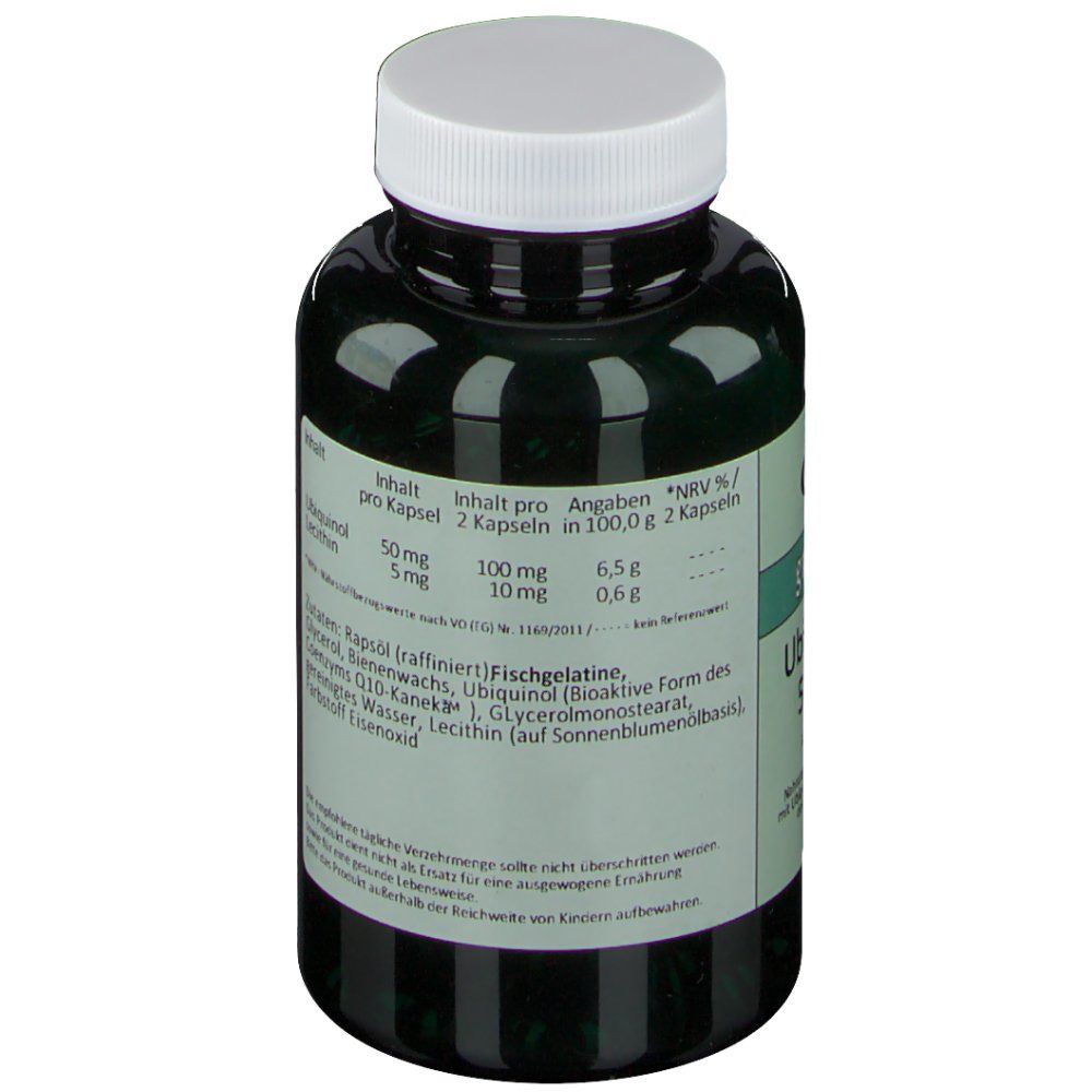 Seitenansicht einer grünen Flasche Ubiquinol 50 mg Kapseln mit detailliertem Etikett.