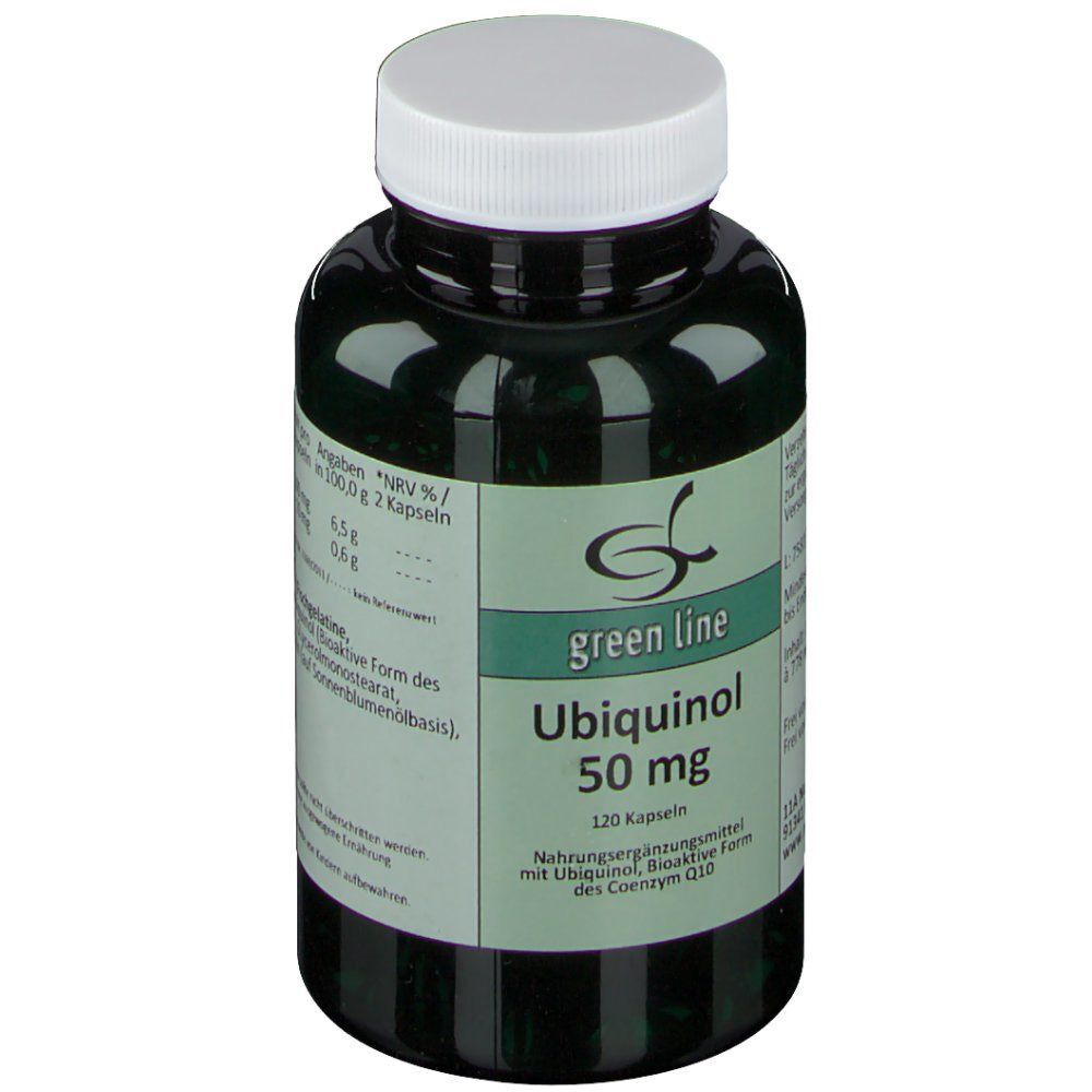 Vorderansicht einer grünen Flasche Ubiquinol 50 mg Kapseln von green line NUTRITHEKE.