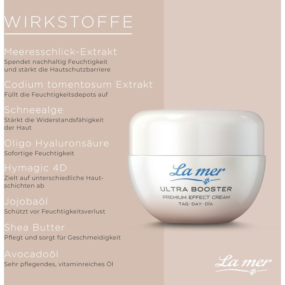 La mer Ultra Booster Tiegel mit Liste der Inhaltsstoffe.