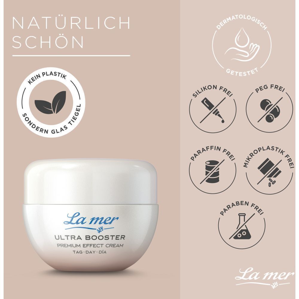 La mer Ultra Booster Tiegel mit Siegeln für dermatologisch getestet und frei von Silikon, PEG, Paraffin, Mikroplastik, Paraben.