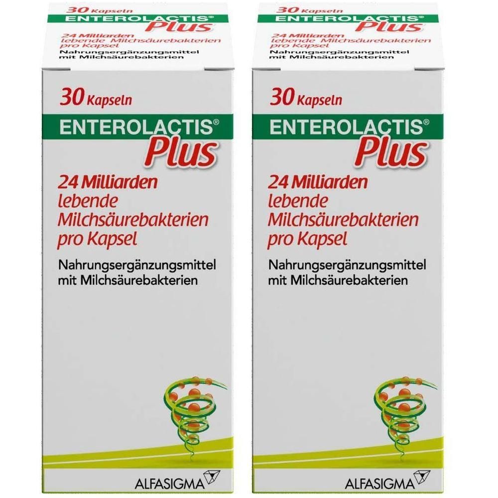 Zwei Packungen Enterolactis Plus mit je 30 Kapseln, Nahrungsergänzungsmittel mit Milchsäurebakterien.