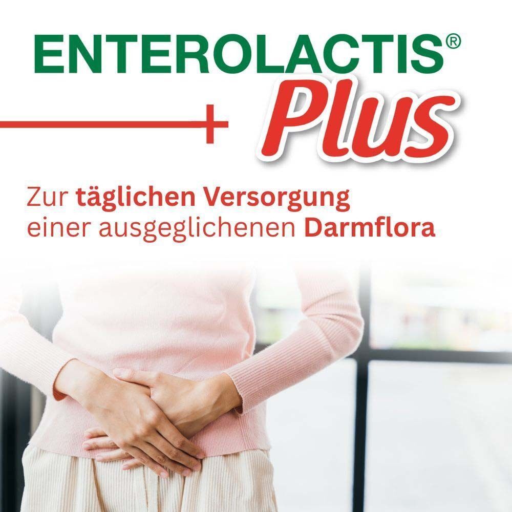 Frau hält sich den Bauch, Enterolactis Plus für eine ausgeglichene Darmflora.