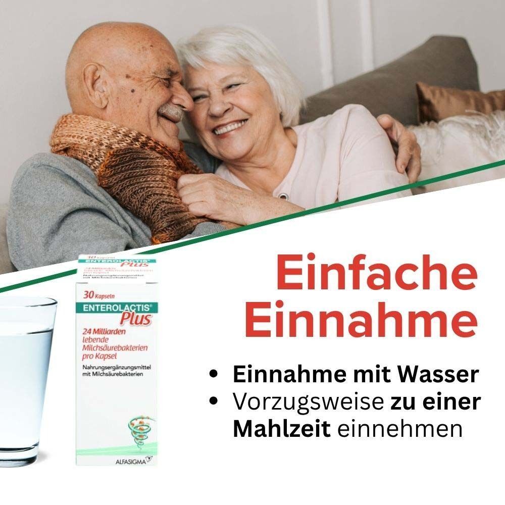 Älteres Paar lächelt, Packung Enterolactis Plus und Hinweise zur einfachen Einnahme.