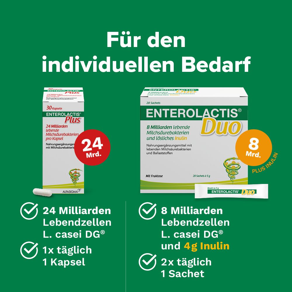 Enterolactis Plus Kapseln mit 24 Milliarden L. casei DG. Für Erwachsene und Jugendliche ab 6 Jahren.