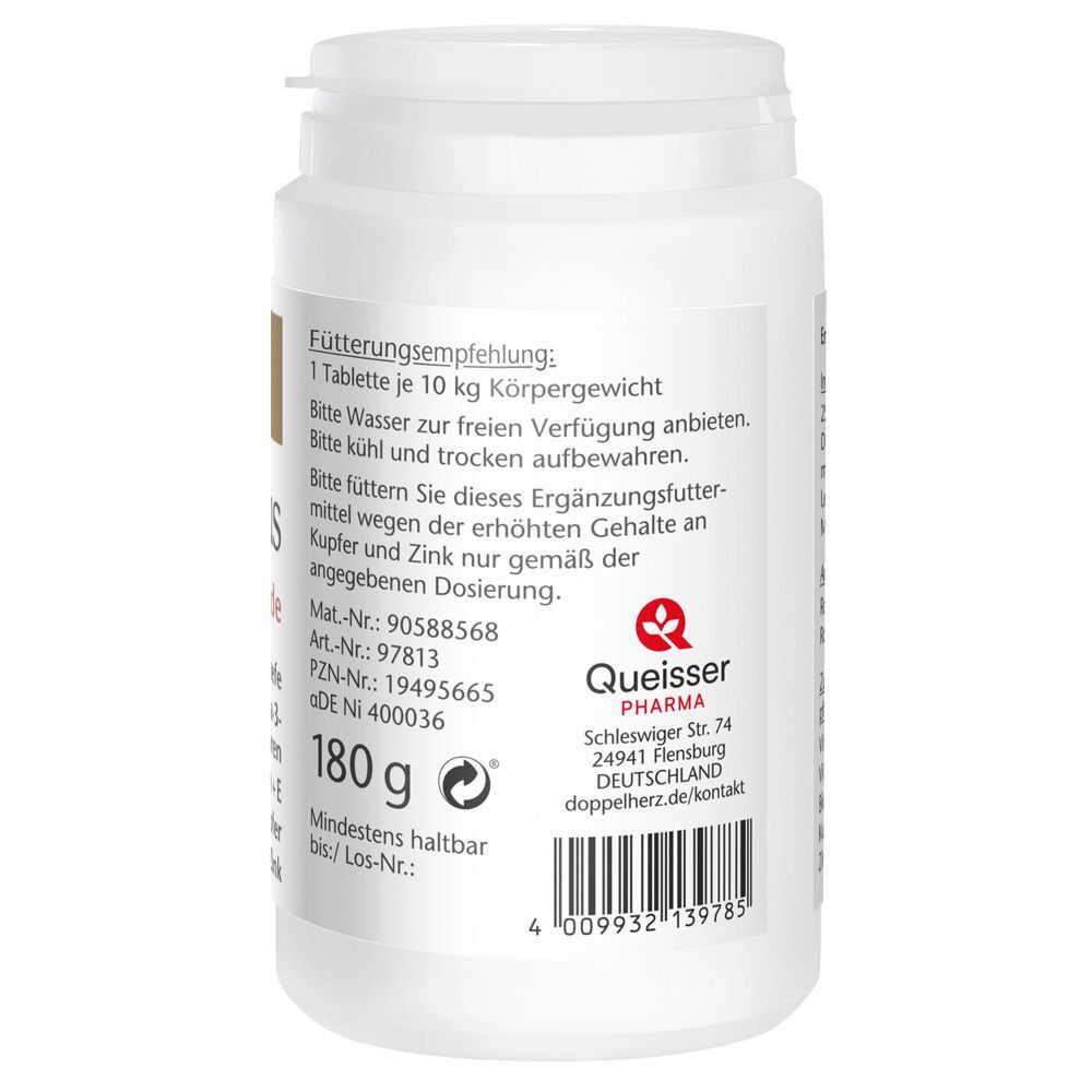 Rückseite eines Behälters mit Fütterungsempfehlung, Herstellerangaben und Gewicht (180 g).