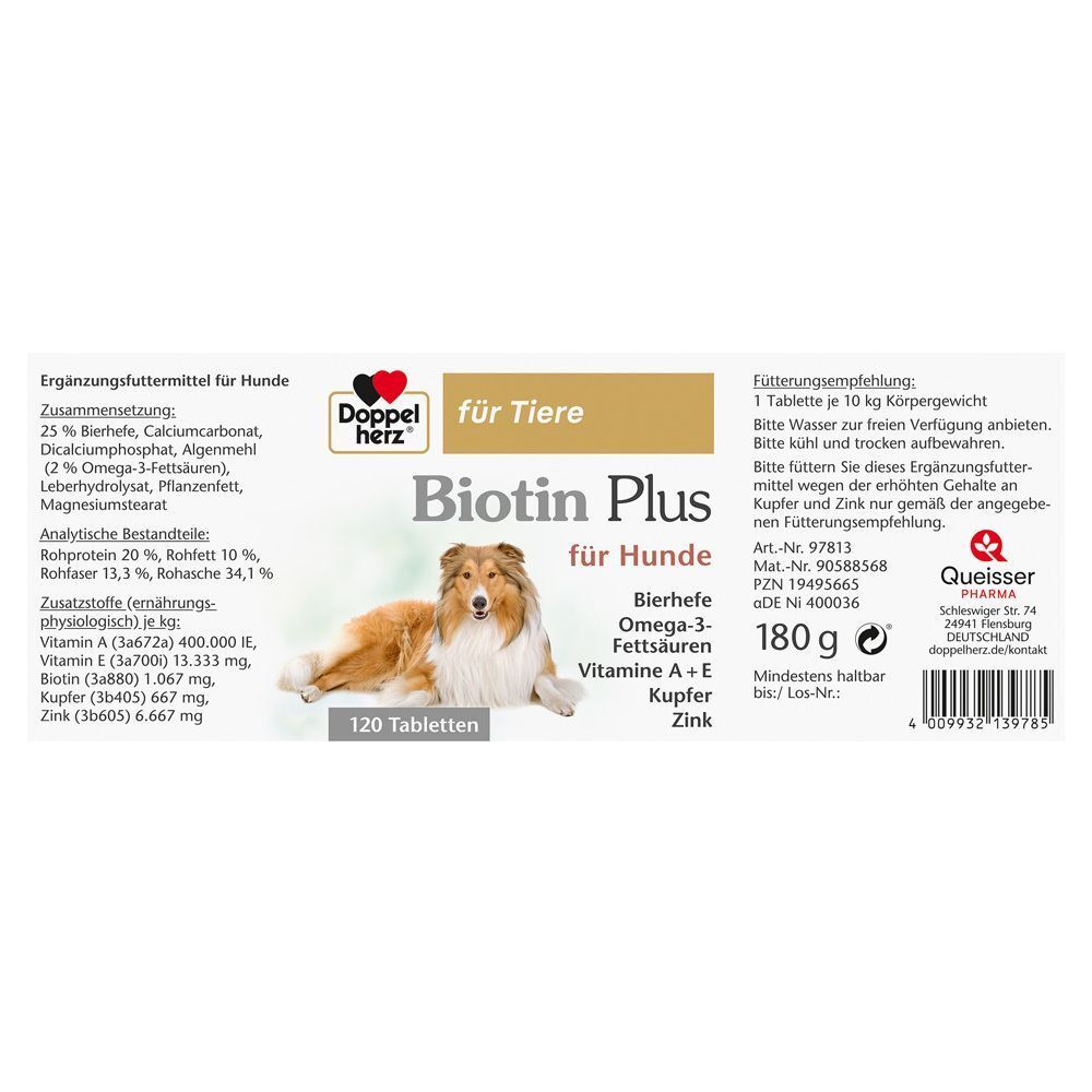 Ein Behälter mit Doppelherz Biotin Plus für Hunde, 120 Tabletten, mit Zutaten und Herstellerangaben.