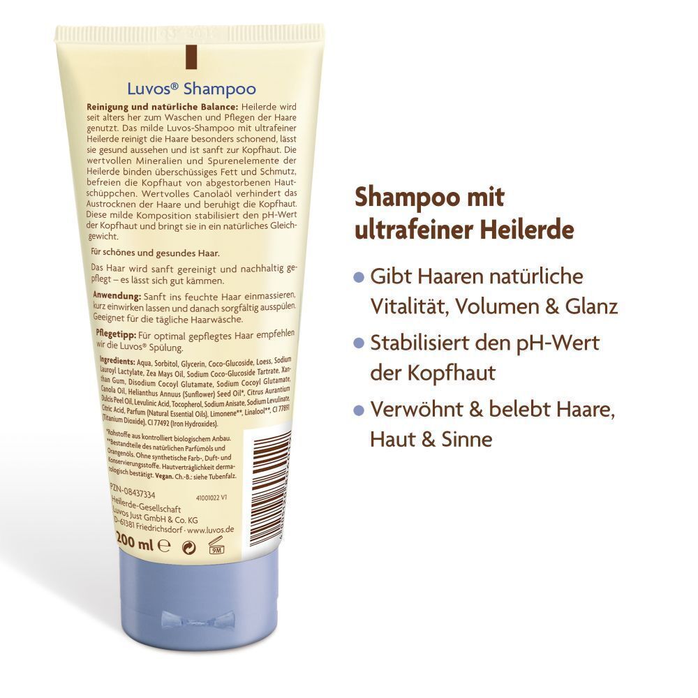 Rückseite einer Tube Luvos-Heilerde Shampoo mit Inhaltsstoffen und Anwendungshinweisen. 200 ml.