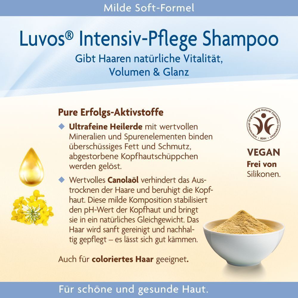 Luvos Intensiv-Pflege Shampoo mit ultrafeiner Heilerde. Vegan, frei von Silikonen.
