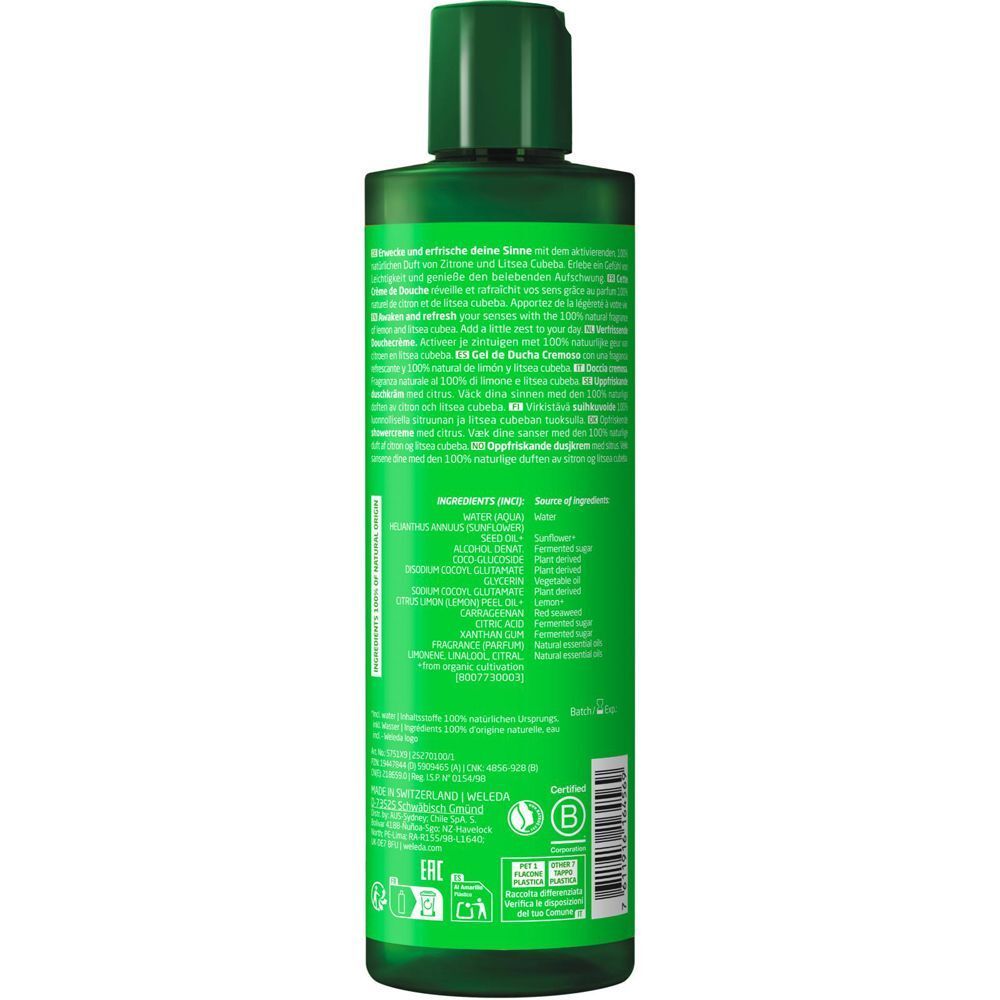 Rückseite einer Weleda Refresh Duschcreme Flasche mit Inhaltsstoffen und Siegeln.