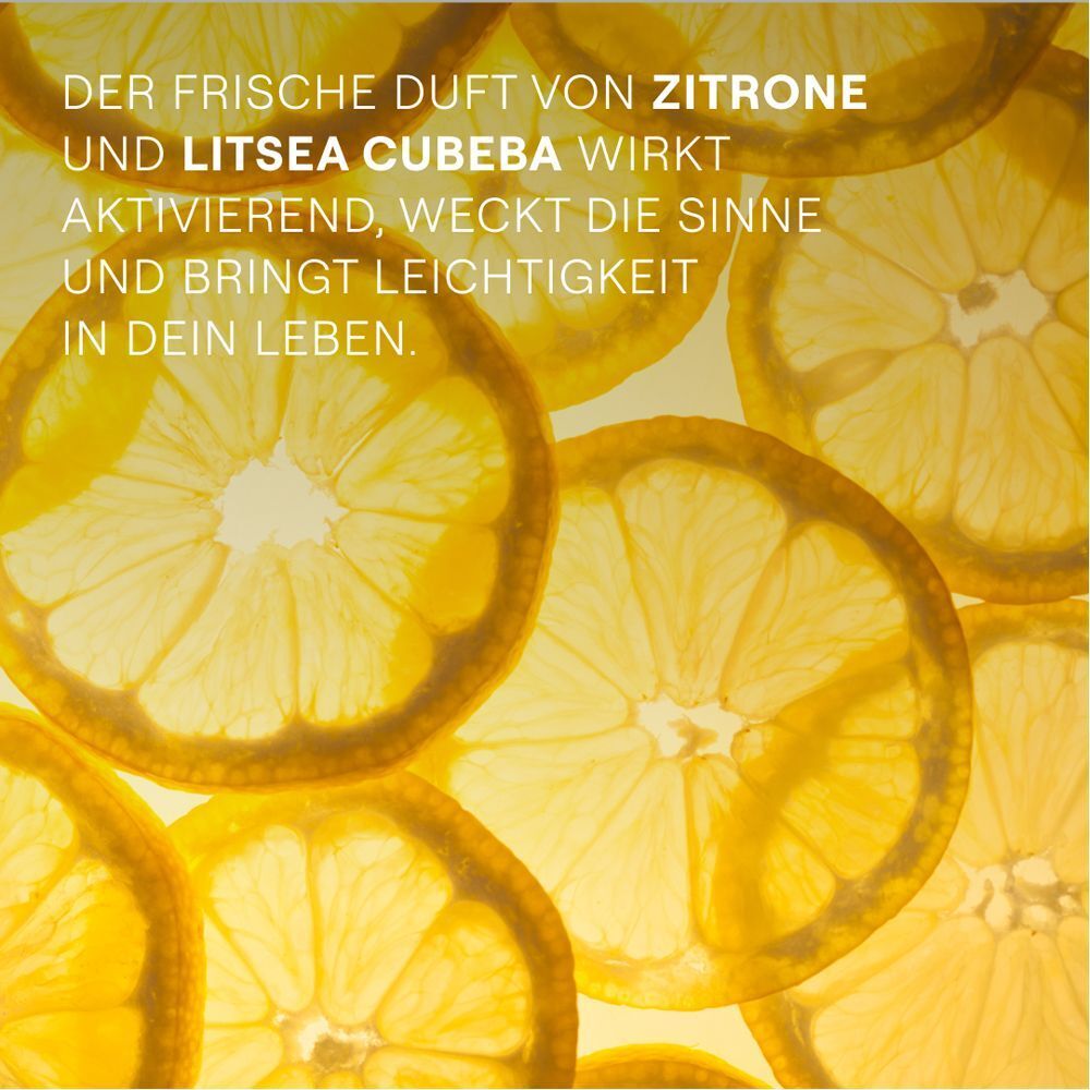 Zitronenscheiben mit Text über den frischen Duft von Zitrone und Litsea Cubeba.