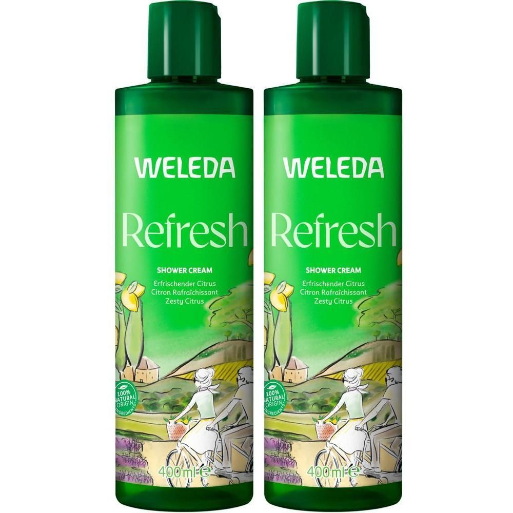 Zwei grüne Flaschen Weleda Refresh Duschcreme mit Zitrusduft, 400ml.