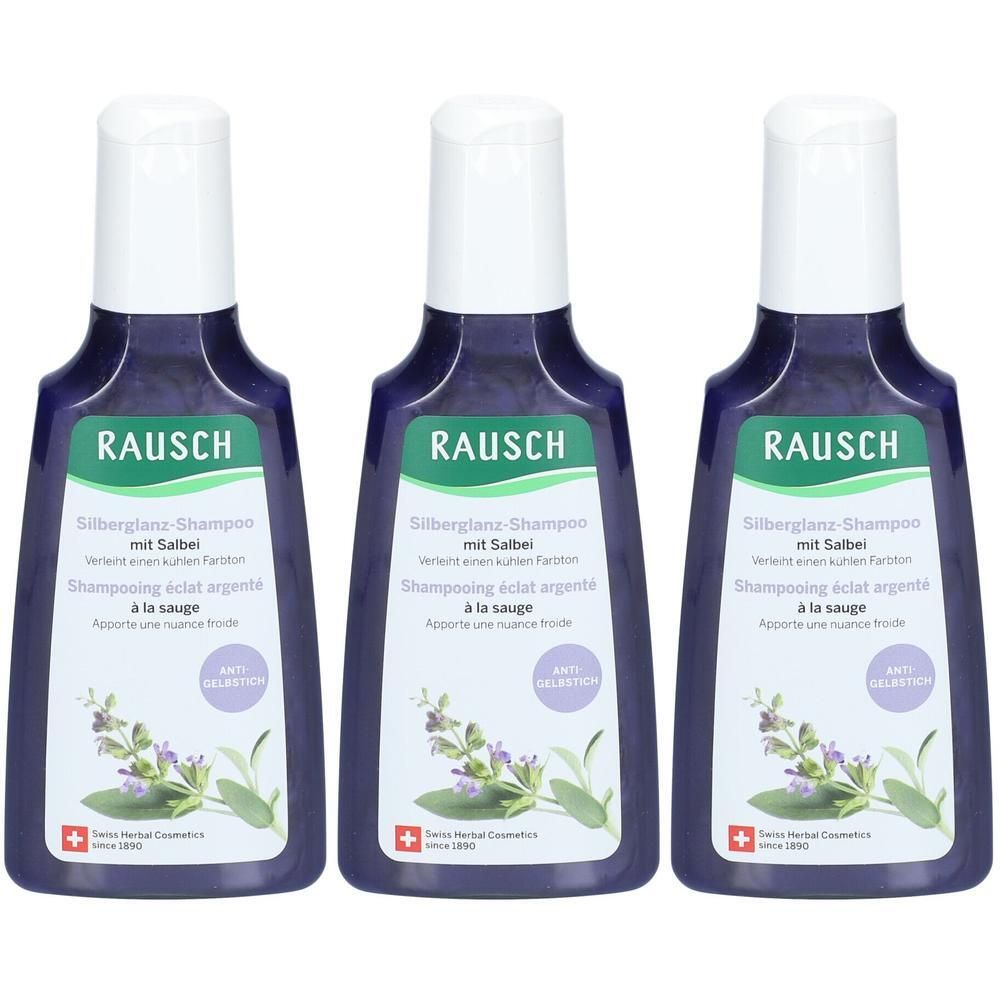Drei Flaschen RAUSCH Silberglanz-Shampoo mit Salbei, mit Salbeibild und Schweizer Kreuz.