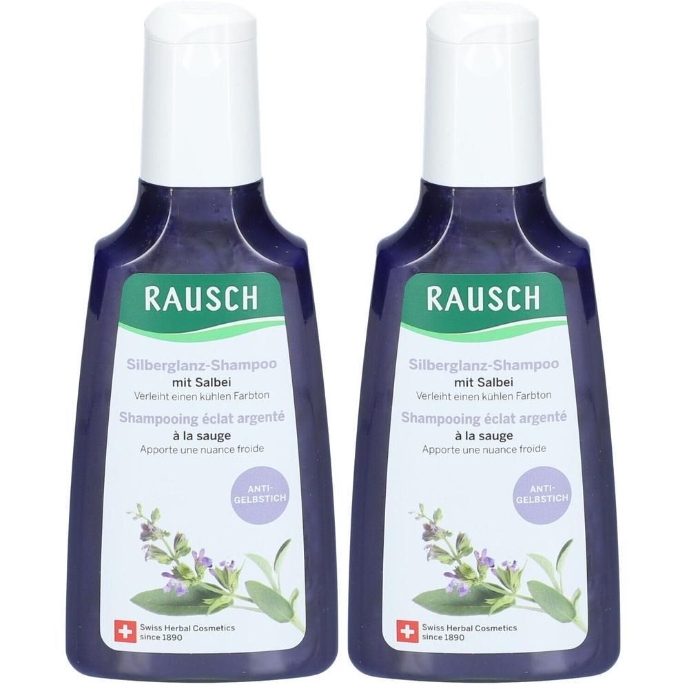 Zwei Flaschen RAUSCH Silberglanz-Shampoo mit Salbei, mit Abbildung von Salbeipflanzen.