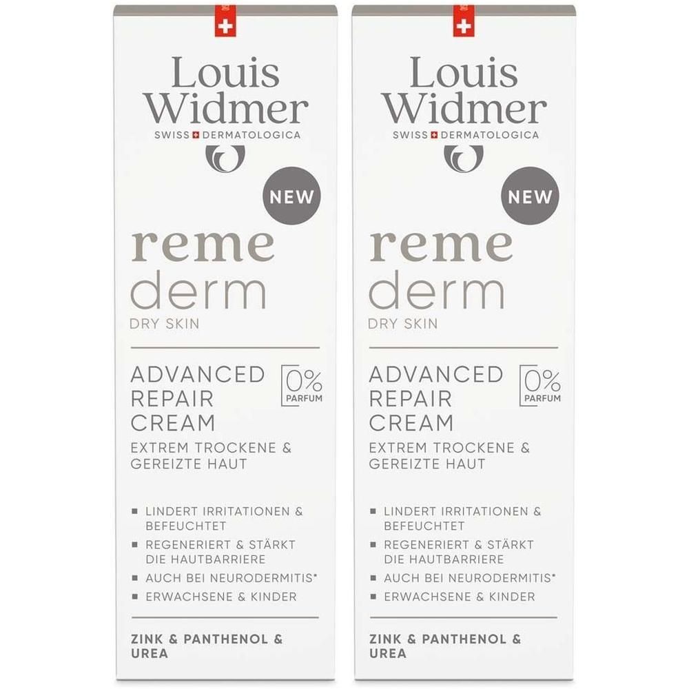 Zwei Packungen Louis Widmer remederm Advanced Repair Cream, unparfümiert, für trockene Haut.