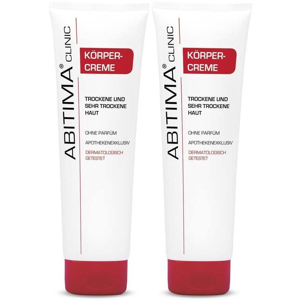 Zwei weiße Tuben ABITIMA® CLINIC Körpercreme mit rotem Verschluss und rotem Etikett.