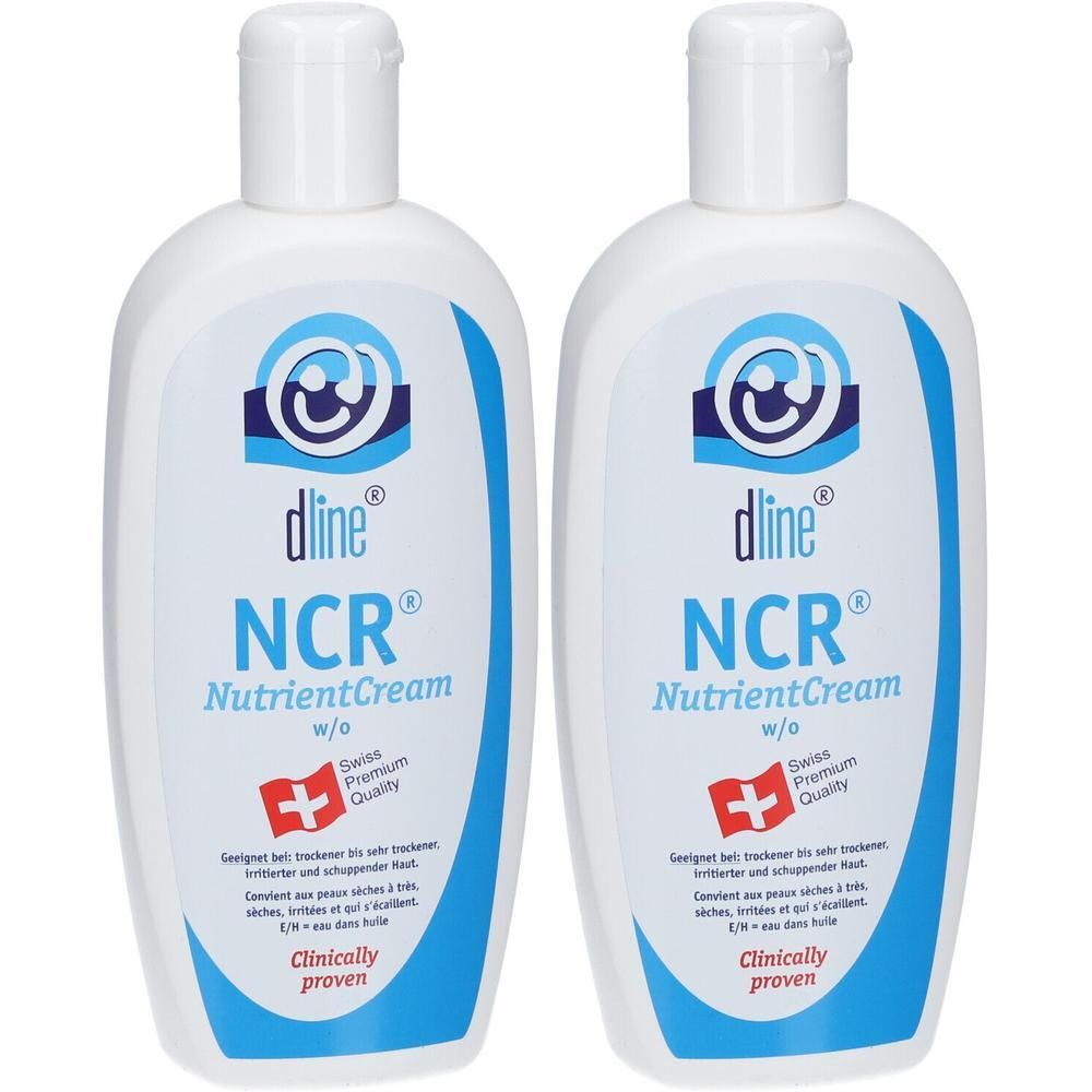 Zwei weiße Flaschen NCR® NutrientCream mit blauem Etikett und Schweizer Kreuz.