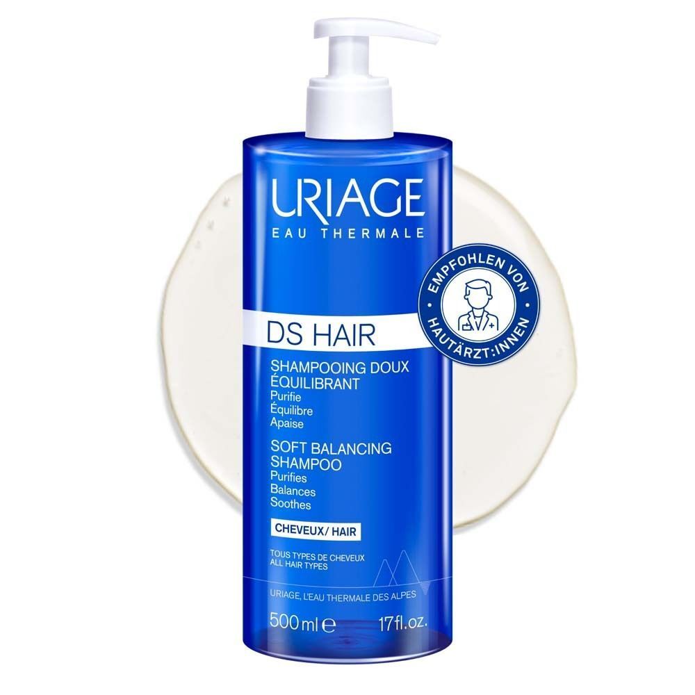 Uriage DS Hair Soft Balancing Shampoo Flasche mit Pumpspender und Dermatologen-Siegel.