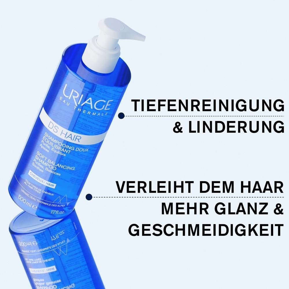 Eine Flasche Uriage DS Hair Soft Balancing Shampoo, 500ml, mit Text "Tiefenreinigung & Linderung".