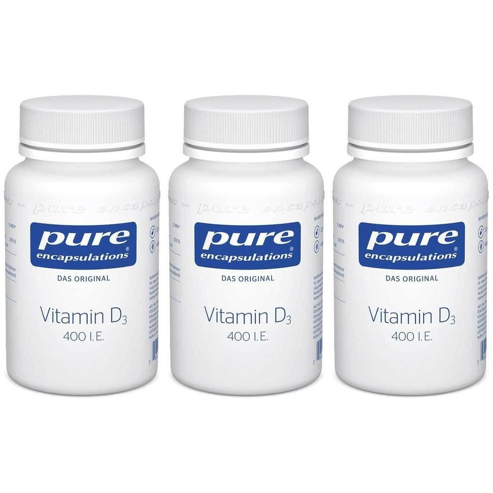 Drei weiße Flaschen Pure Encapsulations Vitamin D3 400 I.E. mit blauen Etiketten.