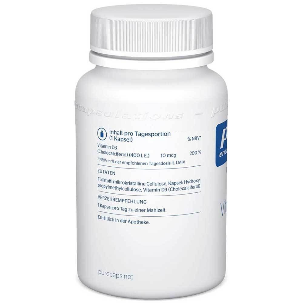 Rückseite einer Flasche Pure Encapsulations Vitamin D3 400 I.E. mit Zutaten und Verzehrempfehlung.