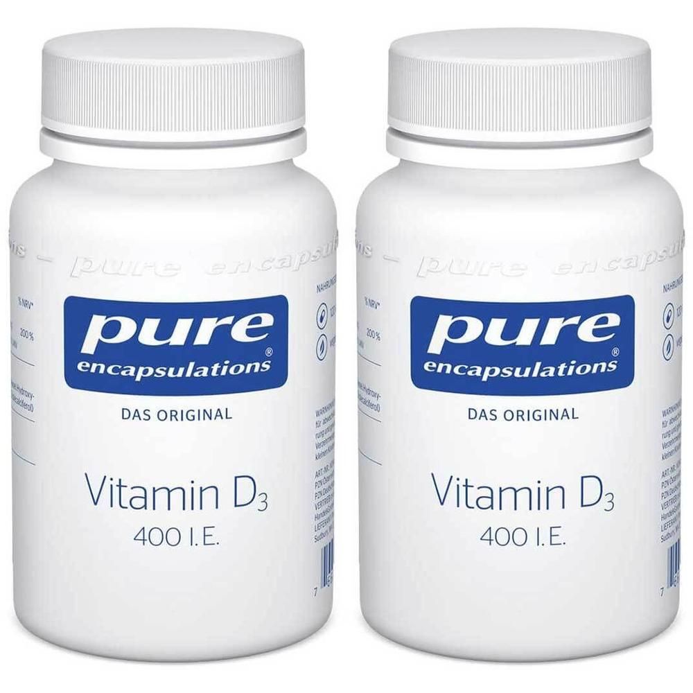 Zwei weiße Flaschen Pure Encapsulations Vitamin D3 400 I.E. mit blauen Etiketten.