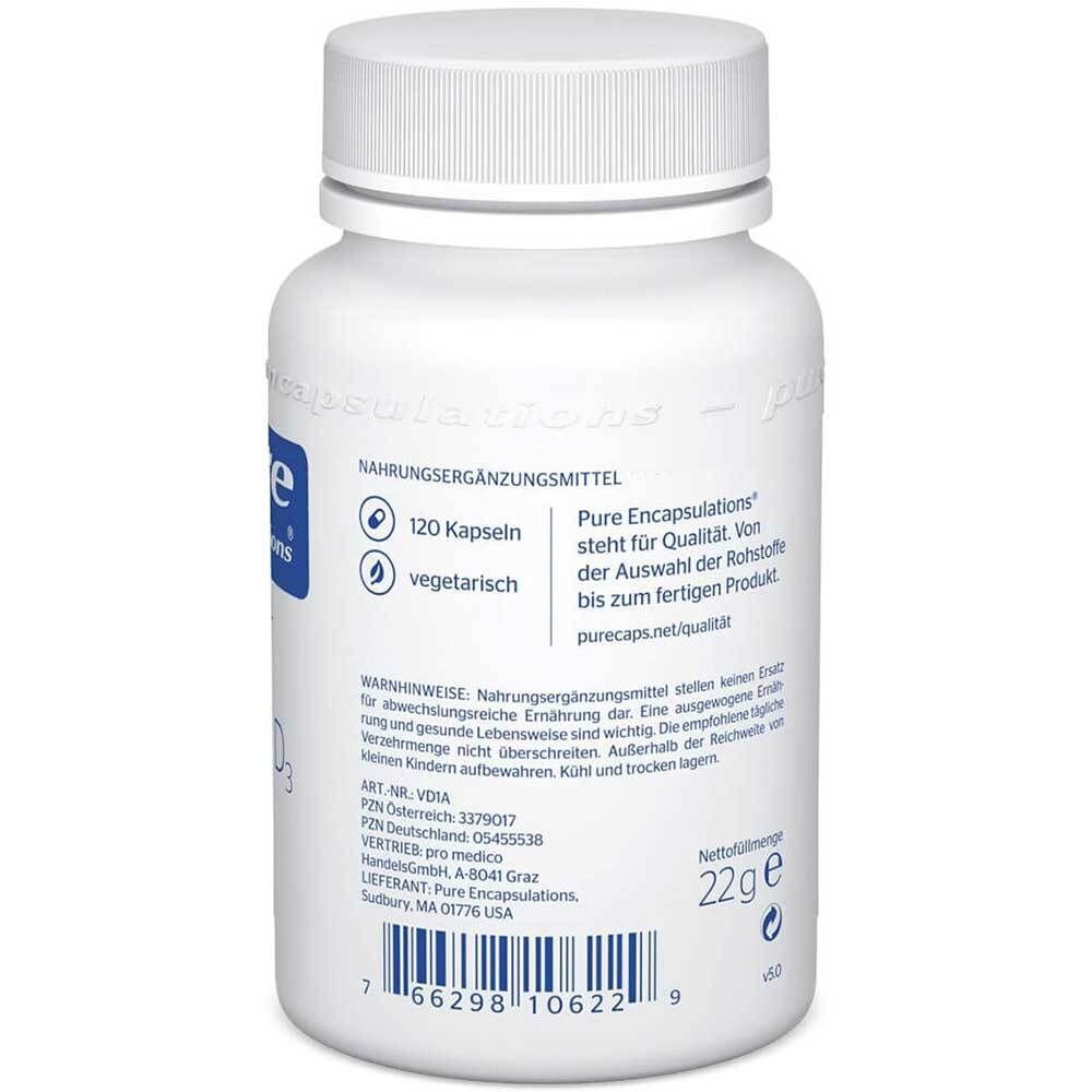 Rückseite einer Flasche Pure Encapsulations Vitamin D3 400 I.E. mit Nährwertangaben und Dosierung.