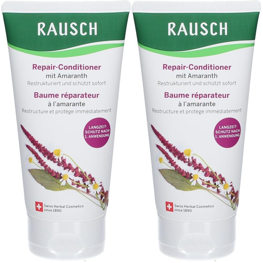 Zwei RAUSCH Repair-Conditioner Amaranth Tuben mit Abbildung von Amaranth-Rispen und Kamillenblüten.