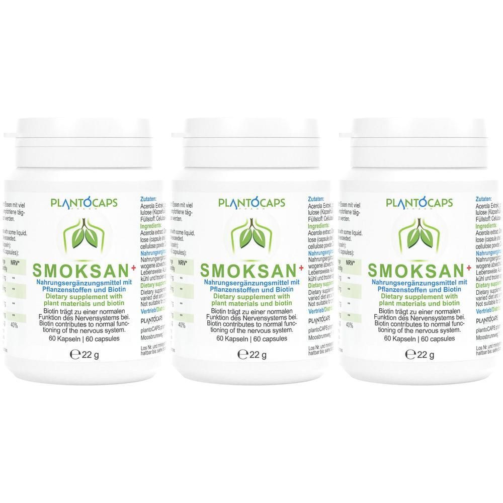 Drei weiße Behälter mit PLANTOCAPS® SMOKSAN® + Etikett.