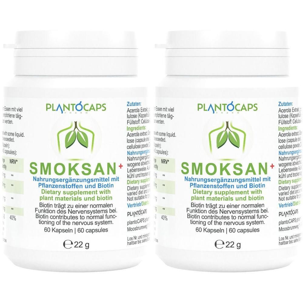 Zwei Dosen Plantocaps Smoksan+ Nahrungsergänzungsmittel, je 60 Kapseln.