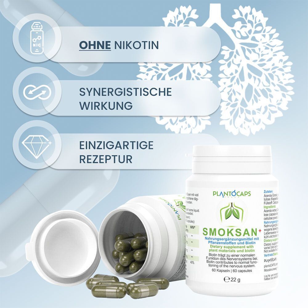 Plantocaps Smoksan+ Dosen mit Symbolen für 'Ohne Nikotin', 'Synergistische Wirkung', 'Einzigartige Rezeptur'.