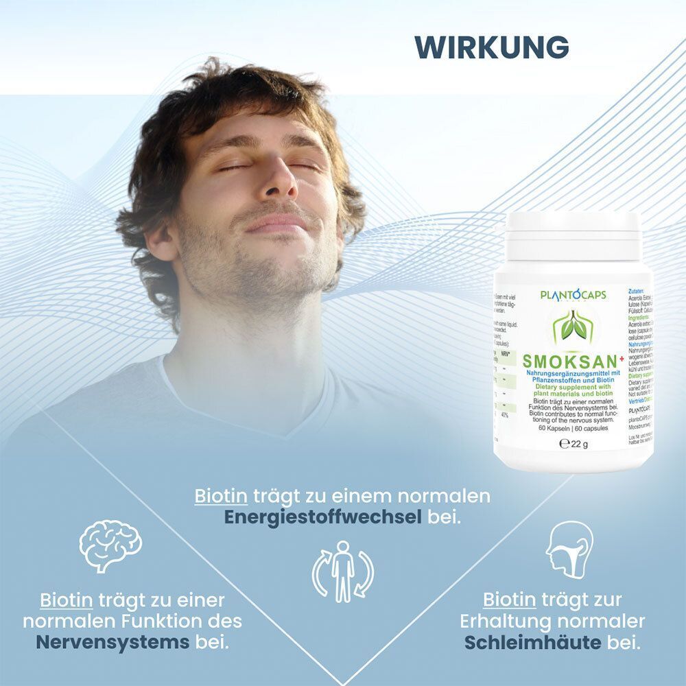 Mann atmet tief ein, neben einer Dose Plantocaps Smoksan+ und Symbolen für Stoffwechsel, Nervensystem, Schleimhäute.