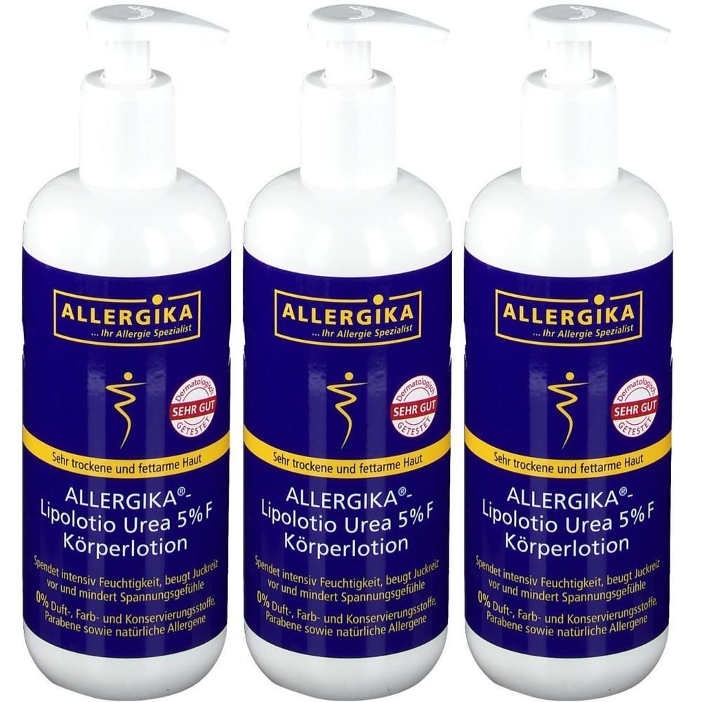 Drei Pumpflaschen ALLERGIKA® Lipolotio Urea 5% F Körperlotion mit blauen Etiketten und weißen Pumpaufsätzen.