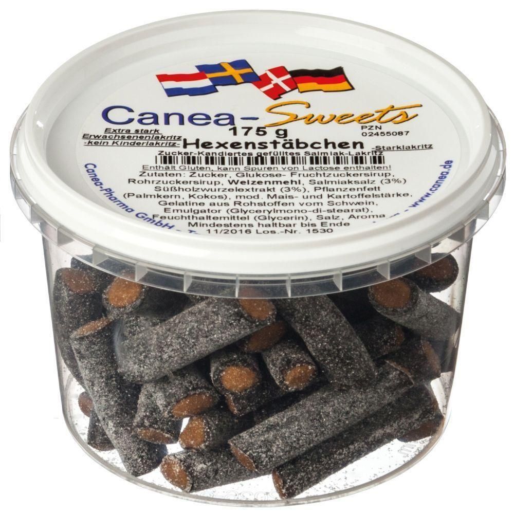 Canea Sweets Hexenstäbchen: Lakritz-Zuckerware in transparenter Dose, 175g.