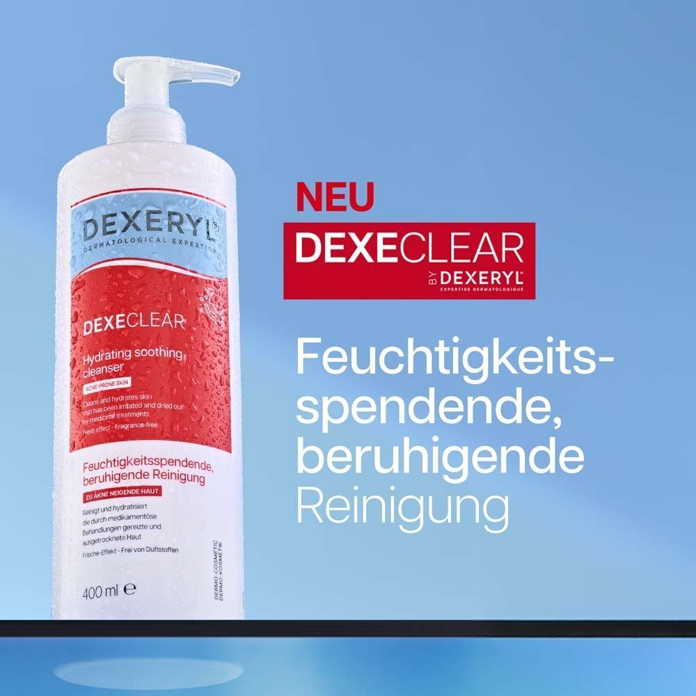 Eine weiße Pumpflasche DEXECLEAR Reinigung mit rotem Etikett, daneben "NEU DEXECLEAR".