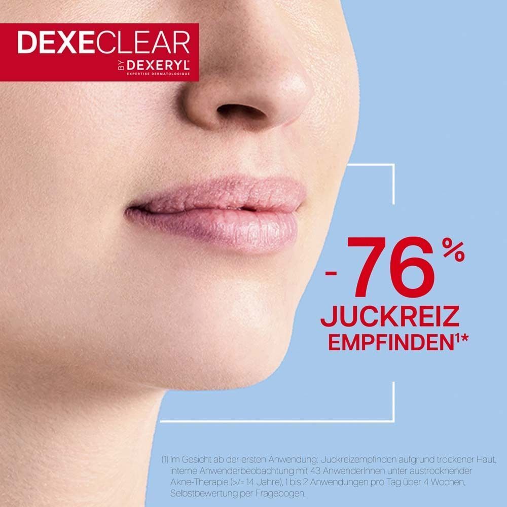 Nahaufnahme eines Gesichts mit Text "-76% JUCKREIZ EMPFINDEN".