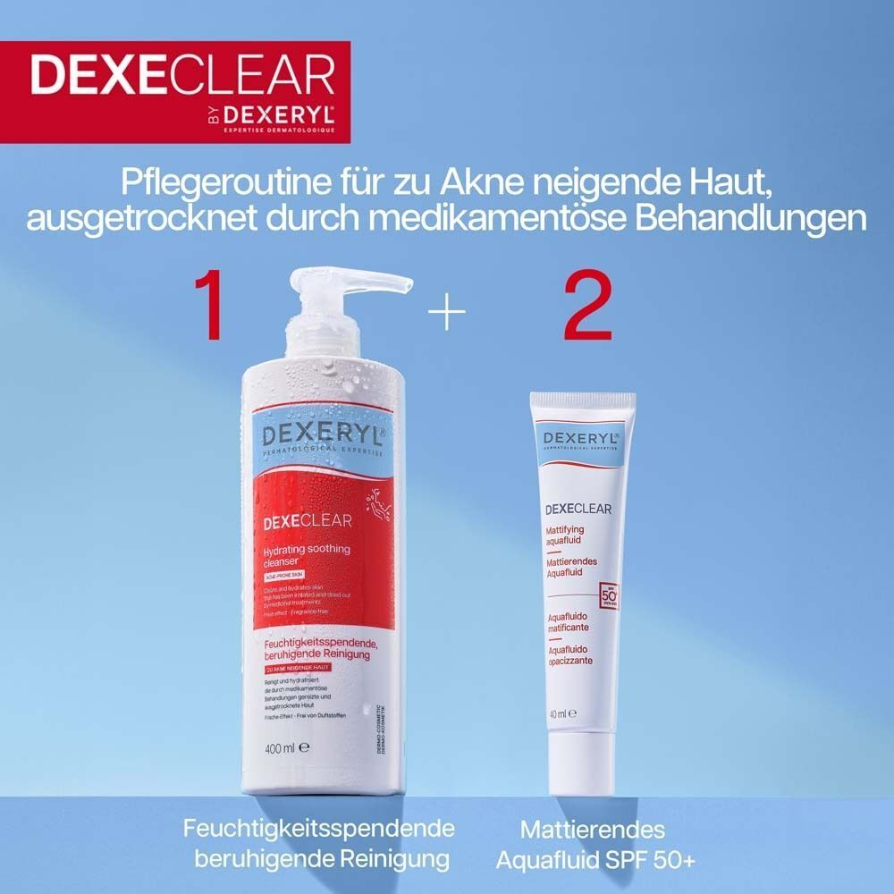 DEXECLEAR Reinigung (400 ml) und Aquafuid SPF 50+ in einem Pflegeset.