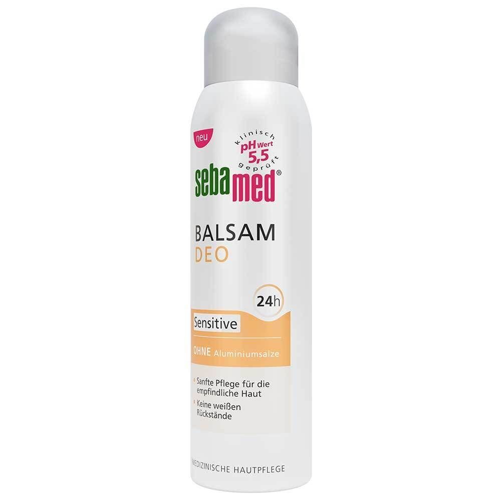 Sebamed Balsam Deo Sensitive Sprühdose mit weißem Verschluss. Ohne Aluminiumsalze.
