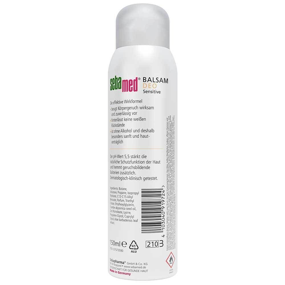 Rückseite eines sebamed® Balsam Deo Sensitive Sprays, 150ml, klinisch getestet.