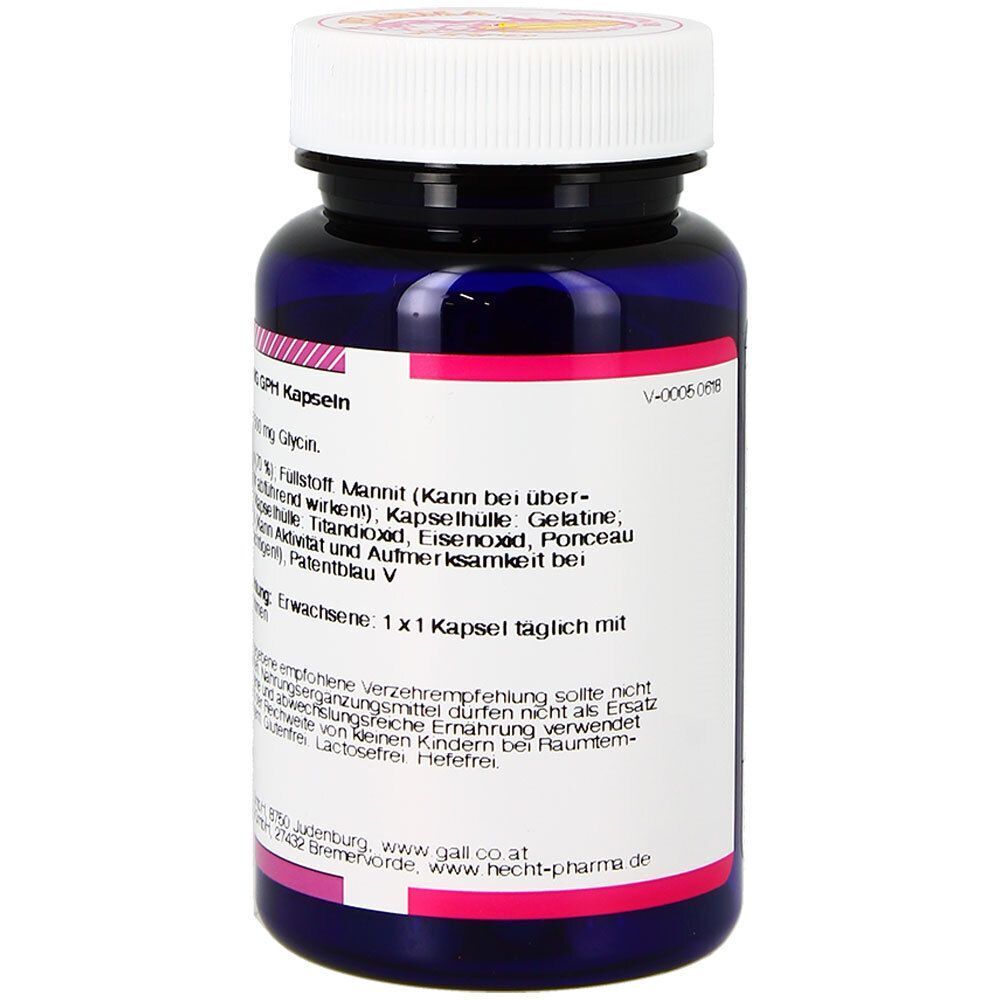 Dunkelblaue Kapsel mit weißem Schraubverschluss. Enthält Glycin 500 mg GPH.