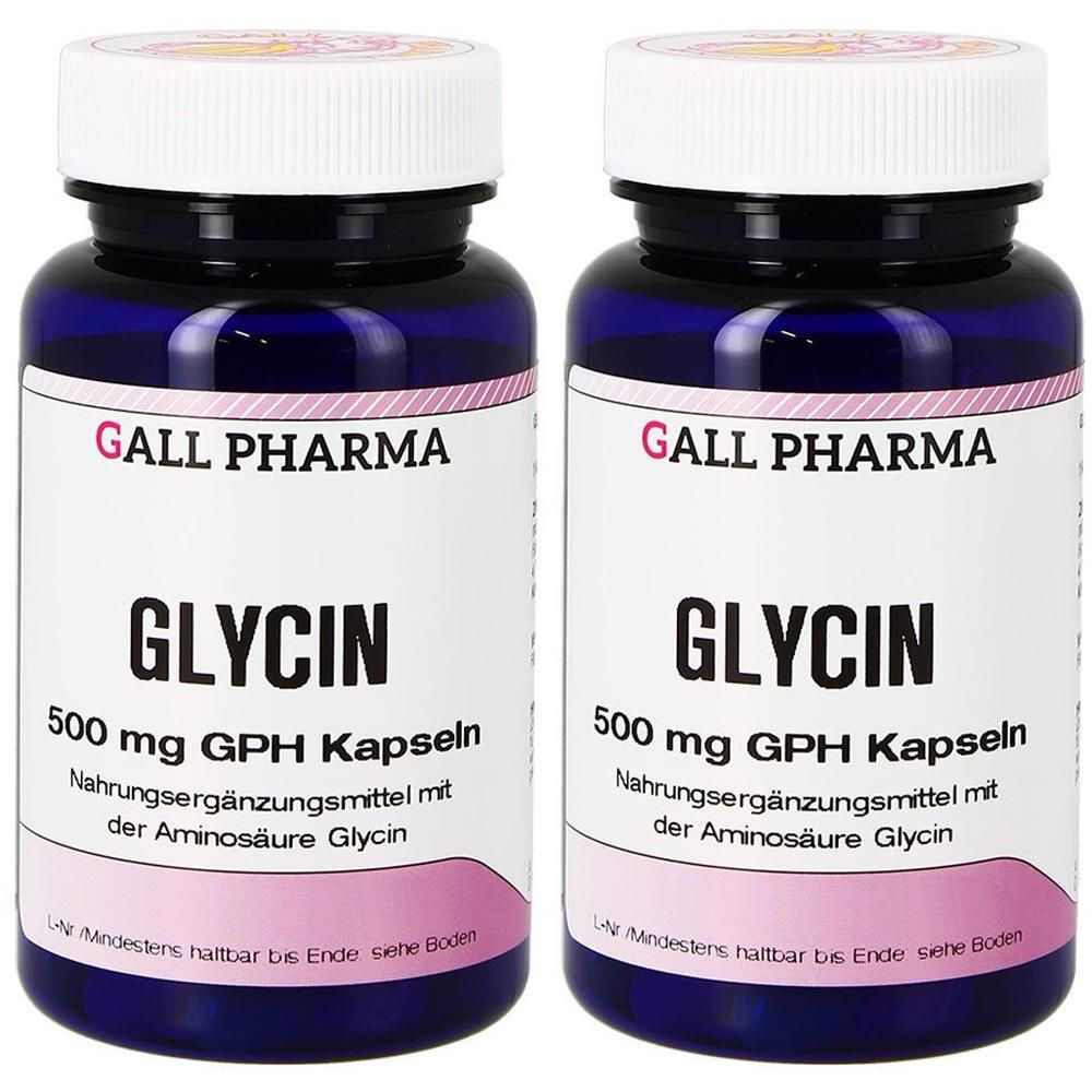 Zwei Flaschen GALL PHARMA Glycin 500 mg GPH Kapseln, Nahrungsergänzungsmittel mit der Aminosäure Glycin.