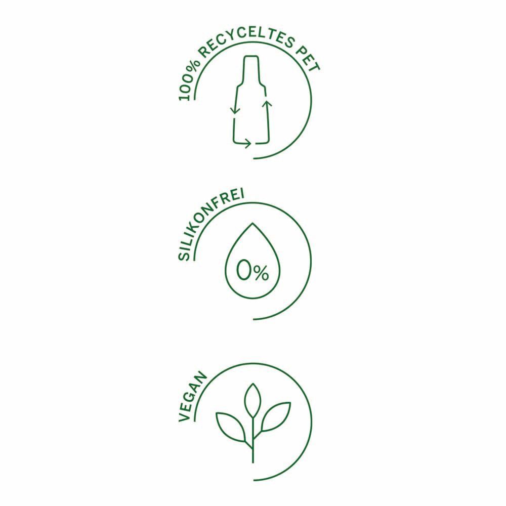 Drei Icons: 100% recyceltes PET, Silikonfrei (0%), Vegan. Symbole für Nachhaltigkeit und Inhaltsstoffe.